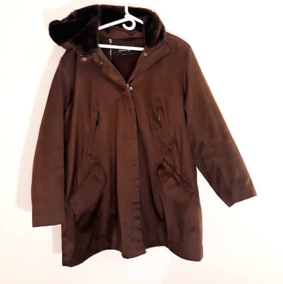 Jones New York Brown Satin Faux Fur Hooded Coat- Size 1X - Picture 3 of 12